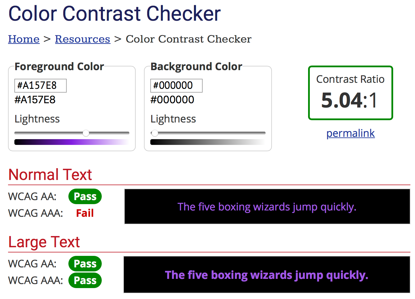 Screenshot of WebAIM.org’s color contrast checker with black and purple values