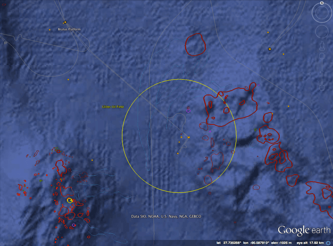 Map of the leak area. The leak originated somehwere in the Glider field, circled in yellow, which is connected via pipelines to the Brutus platform. Areas outlined in dark red are communities of chemosynthetic organisms associated with methane hydrates and natural oil and gas seepage. Orange crosses are wellheads on the seafloor. DATA: BOEM