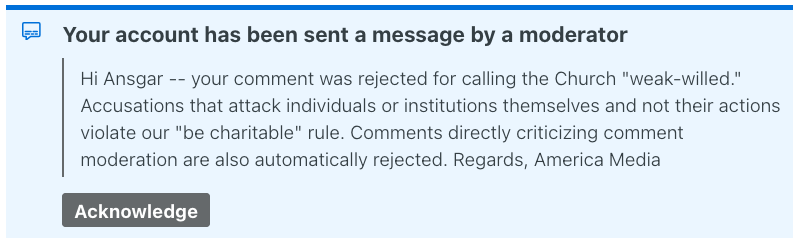 America Magazine moderator reply