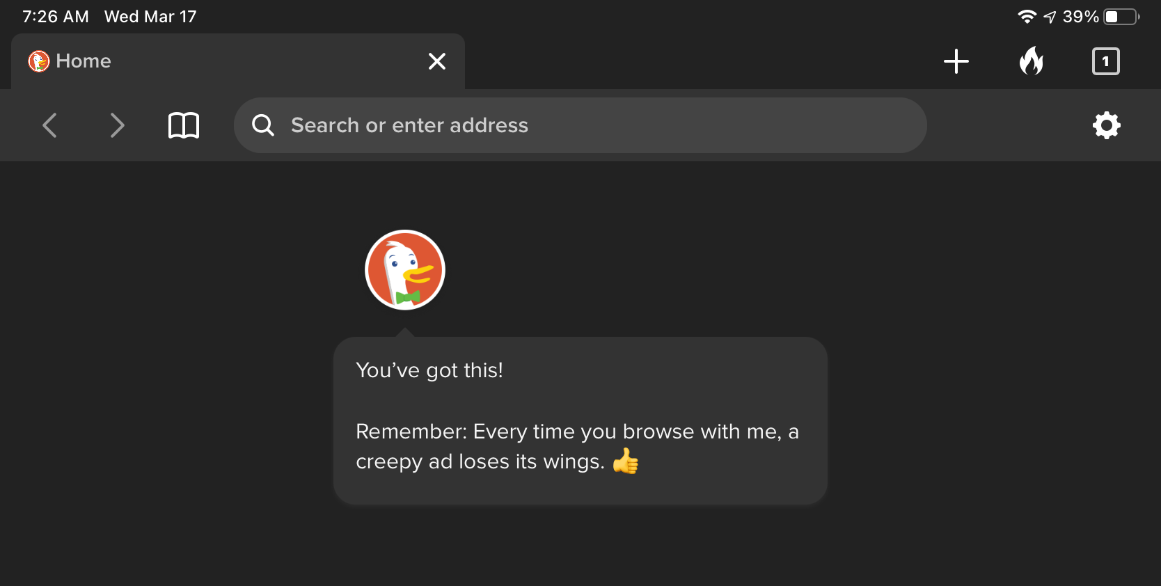 I’m trying new browsers that are stricter with user privacy and I thought this image from the on boarding process for DuckDuckGo was pretty funny.