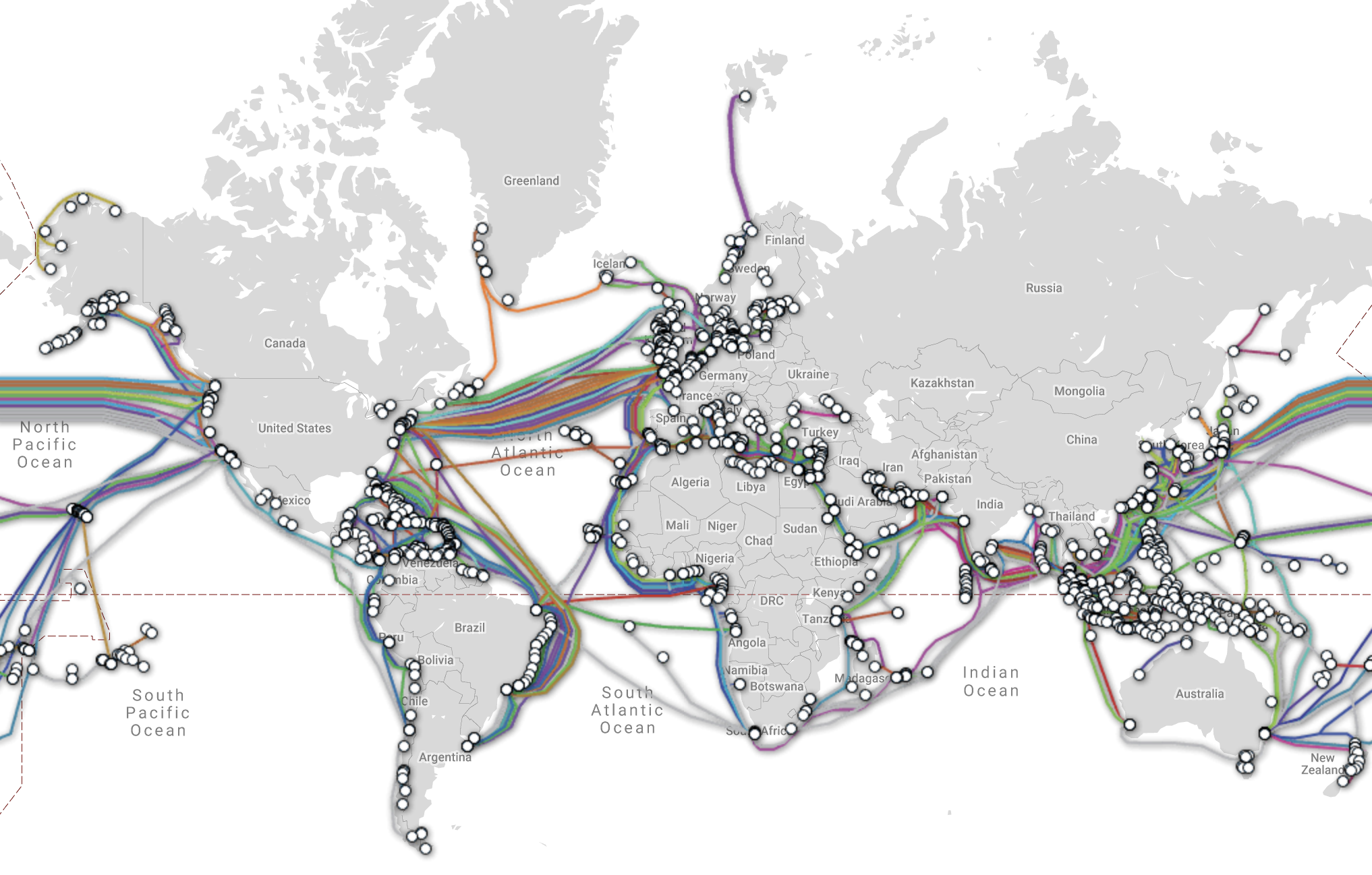 Abbildung 1: Eine relativ kleine Anzahl von etwa 400 Kabeln ist für die Übertragung von 99% des transozeanischen Internetverkehrs verantwortlich, TeleGeography Submarine Cable Map