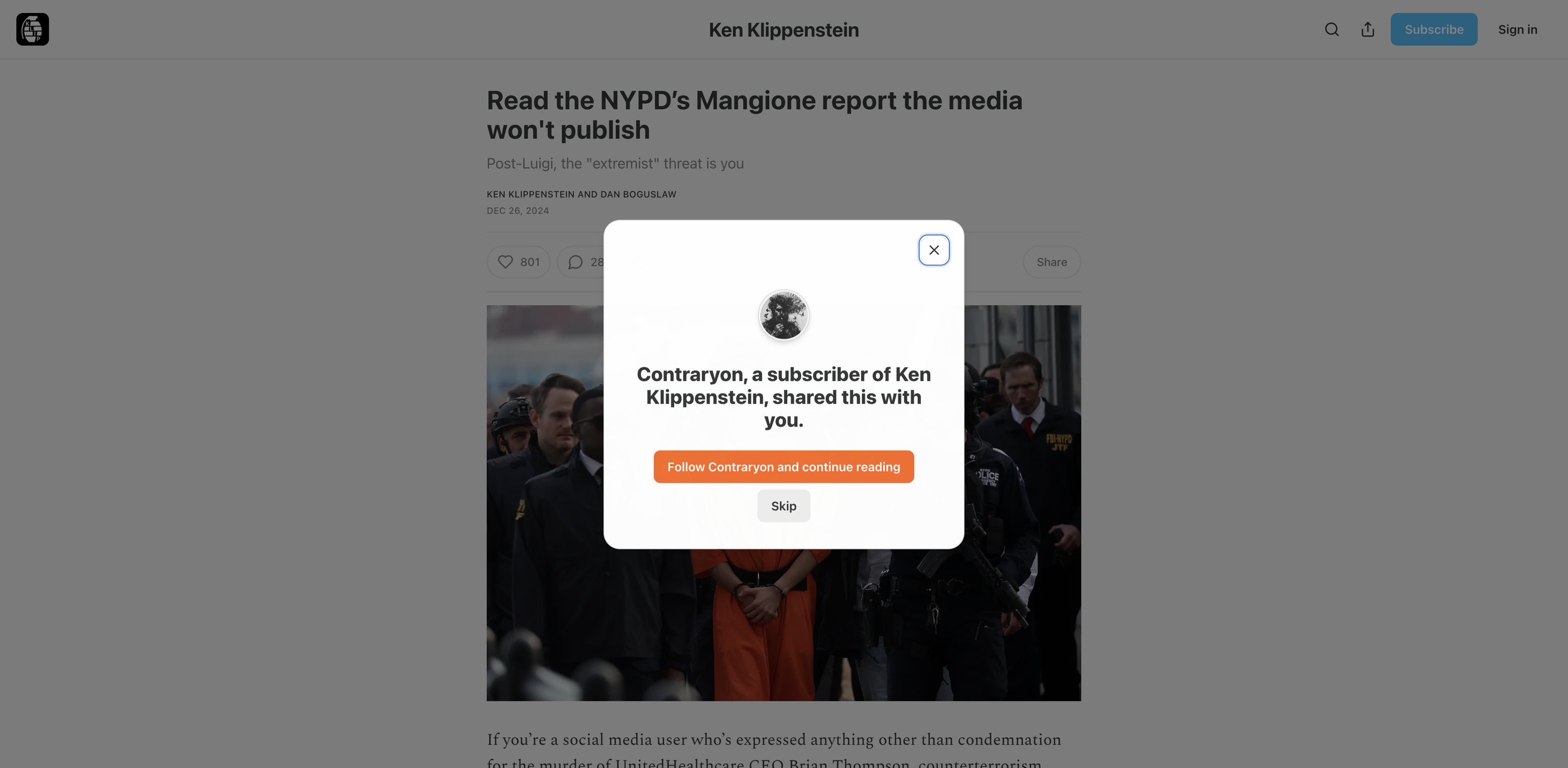 Screenshot of Read the NYPD’s Mangione report the media won’t publish