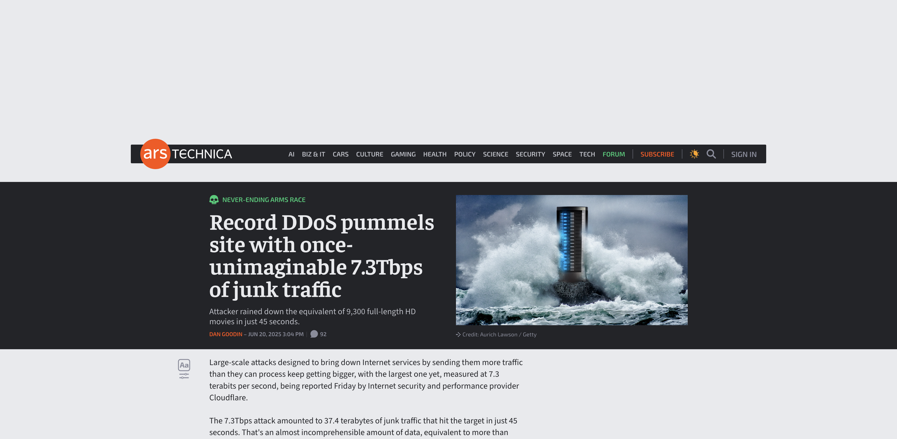 Screenshot of Record DDoS pummels site with once-unimaginable 7.3Tbps of junk traffic - Ars Technica