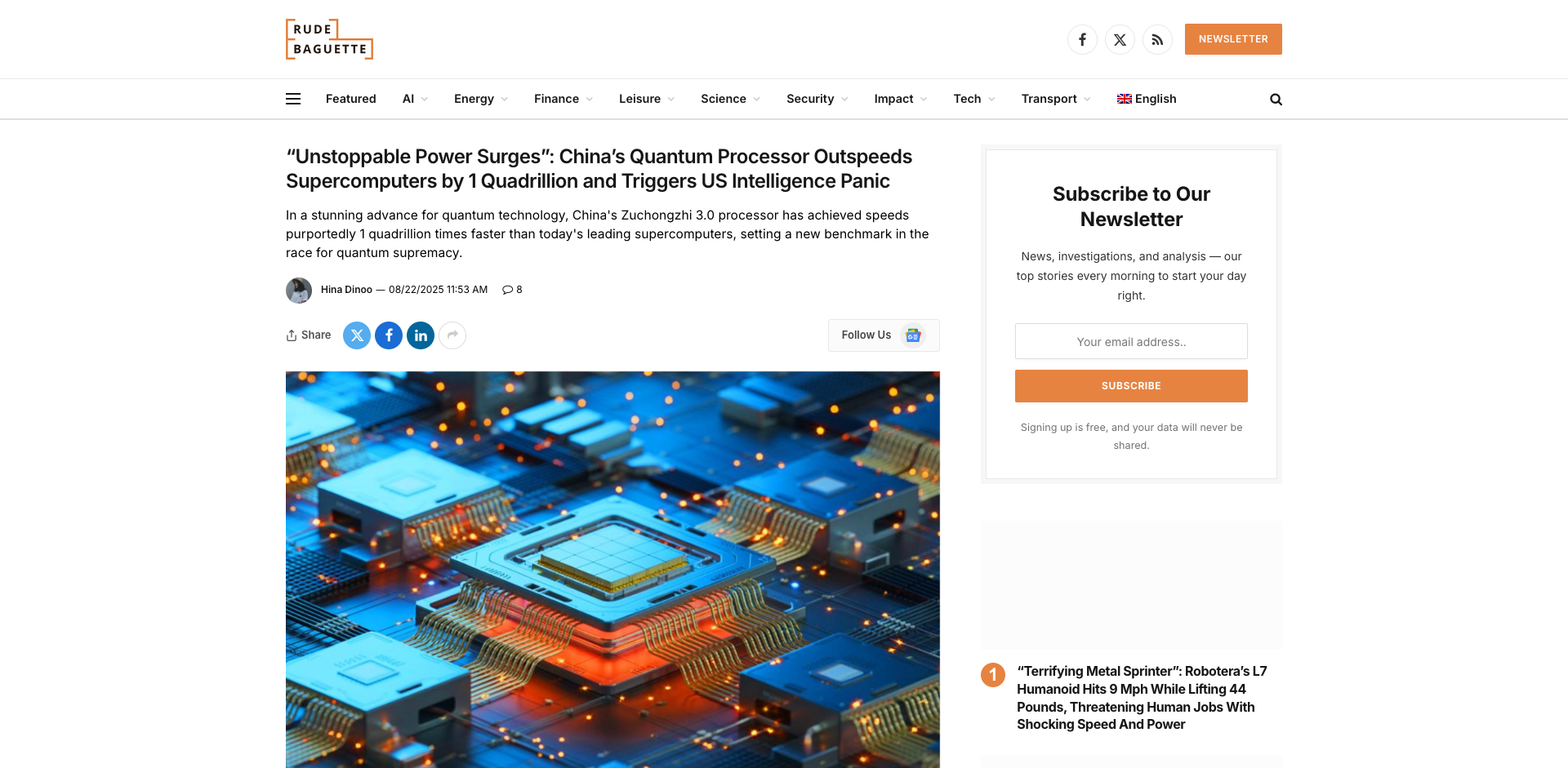 Screenshot of “Unstoppable Power Surges”: China’s Quantum Processor Outspeeds Supercomputers by 1 Quadrillion and Triggers US Intelligence Panic - Rude Baguette