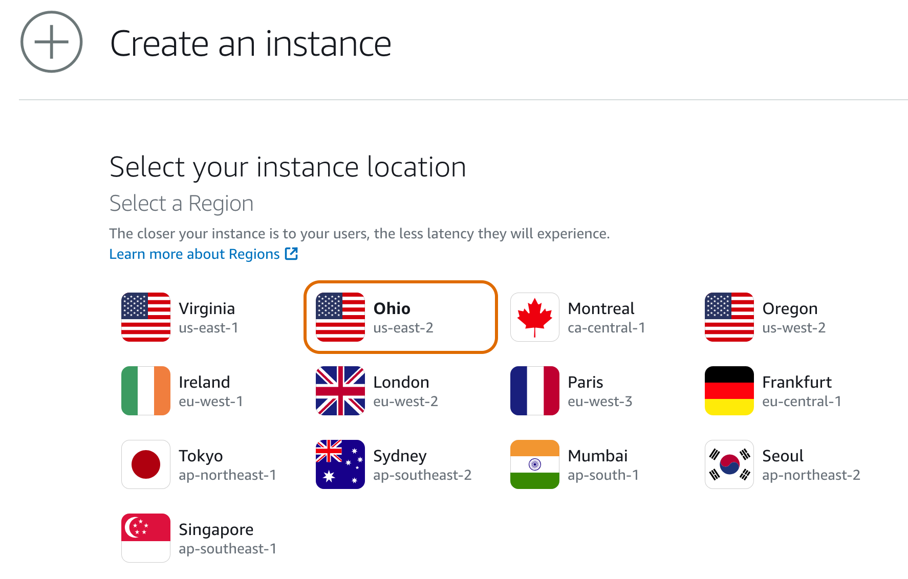 Select AWS Lightsail Instance Region