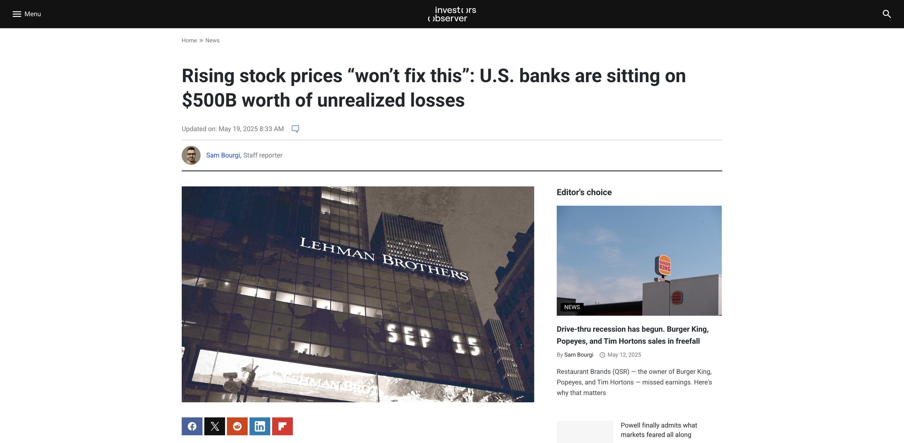 Screenshot of Rising stock prices “won’t fix this”: U.S. banks are sitting on $500B worth of unrealized losses | Investorsobserver
