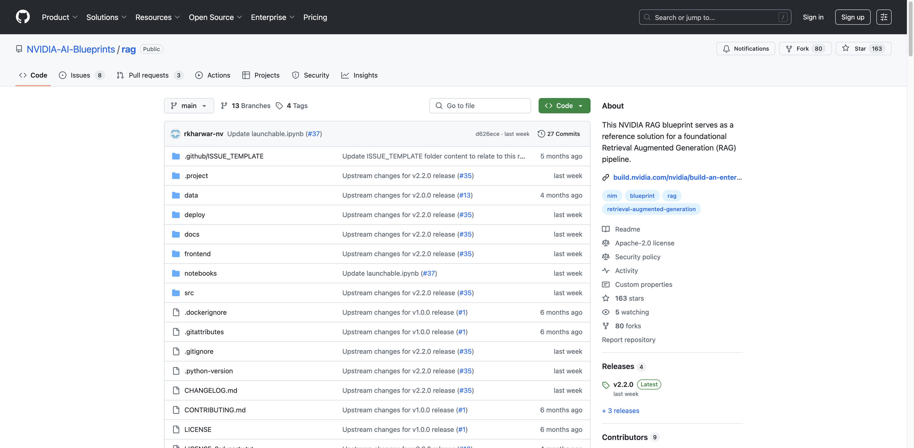 Screenshot of GitHub - NVIDIA-AI-Blueprints/rag: This NVIDIA RAG blueprint serves as a reference solution for a foundational Retrieval Augmented Generation (RAG) pipeline.