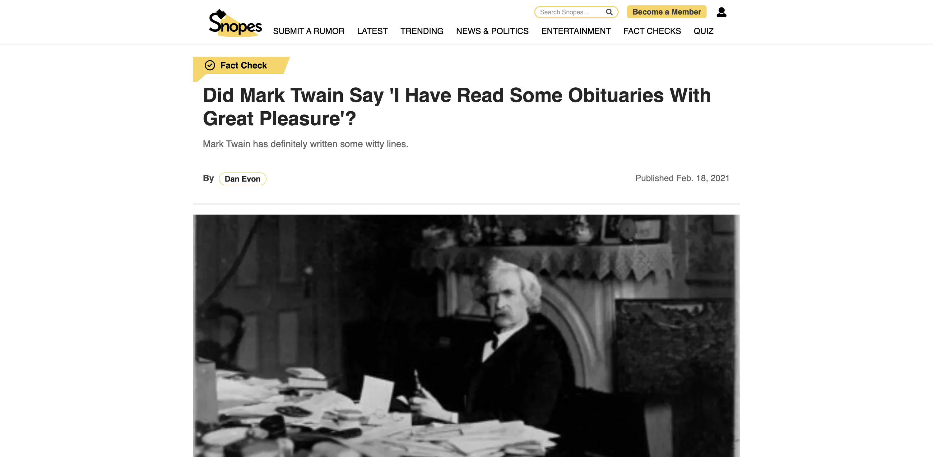 Screenshot of Did Mark Twain Say ‘I Have Read Some Obituaries With Great Pleasure’? | Snopes.com