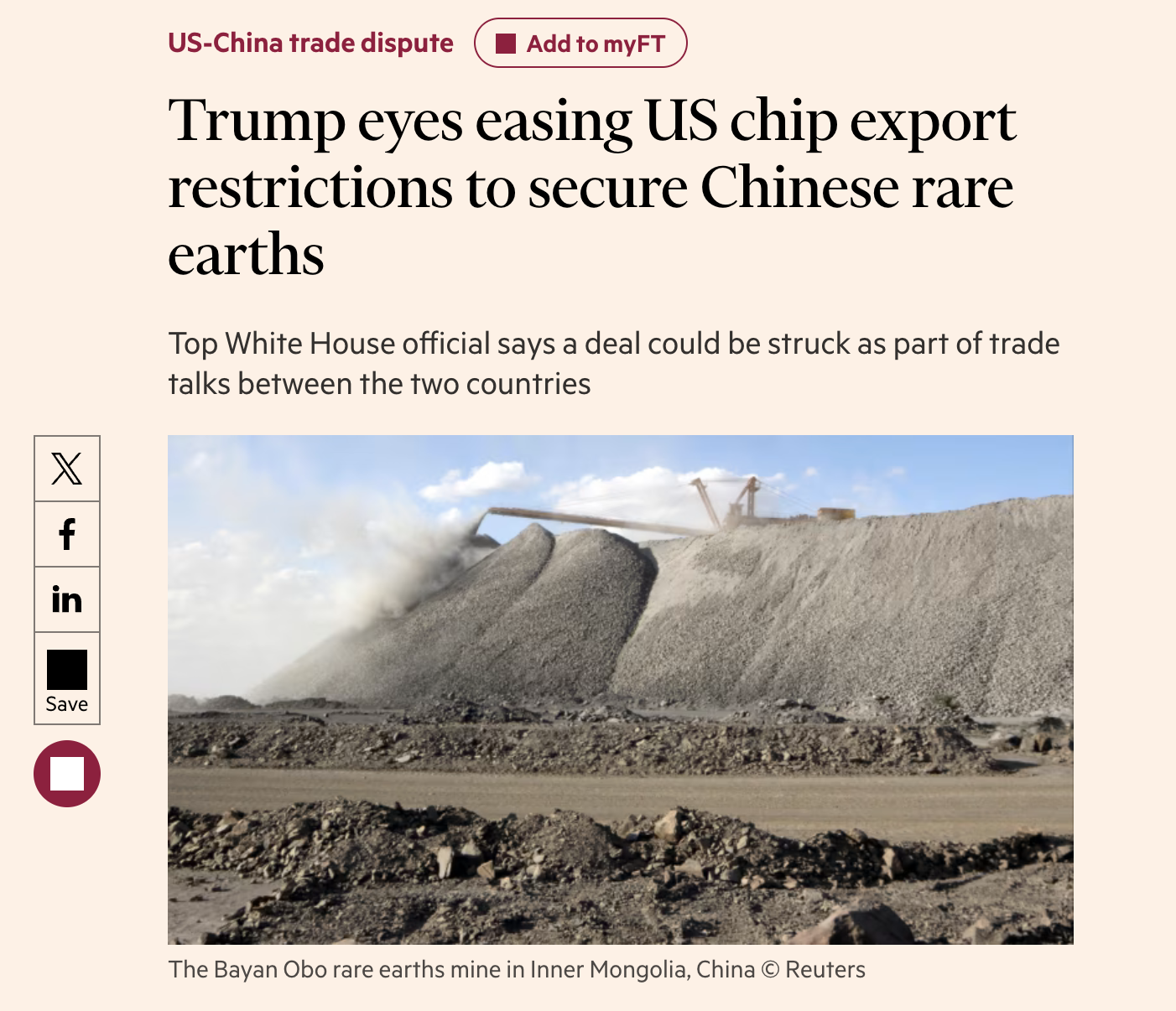 Screenshot of Trump eyes easing US chip export restrictions to secure Chinese rare earths