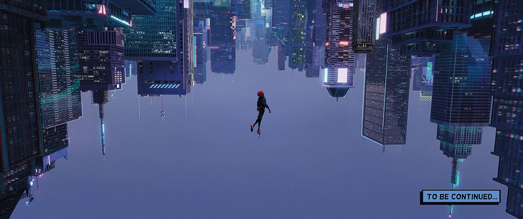 Upside down NYC skyline from Spiderman: Into the Spiderverse