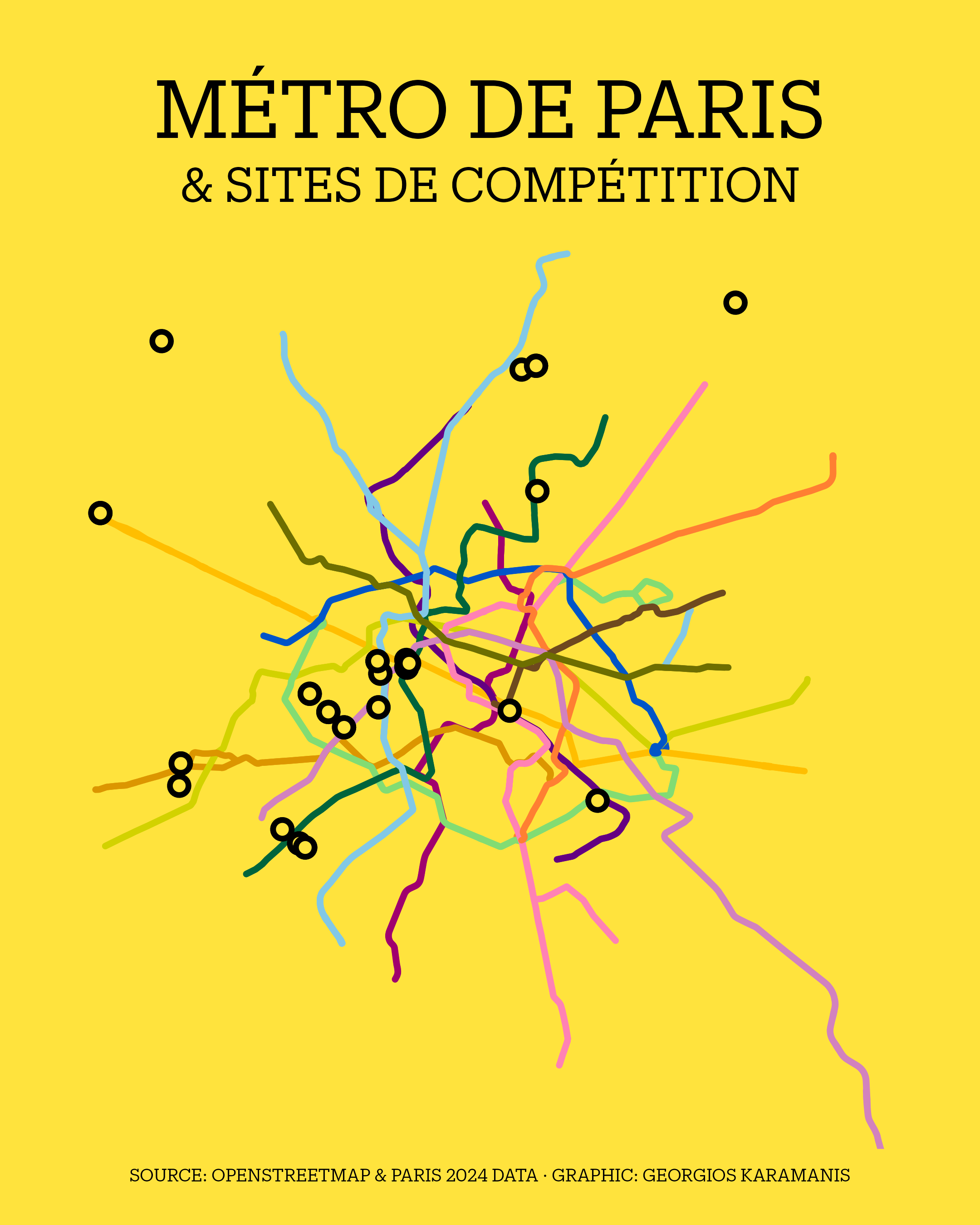 Minimalistic map of the Paris Metro lines and the Paris 2024 Olympic venues