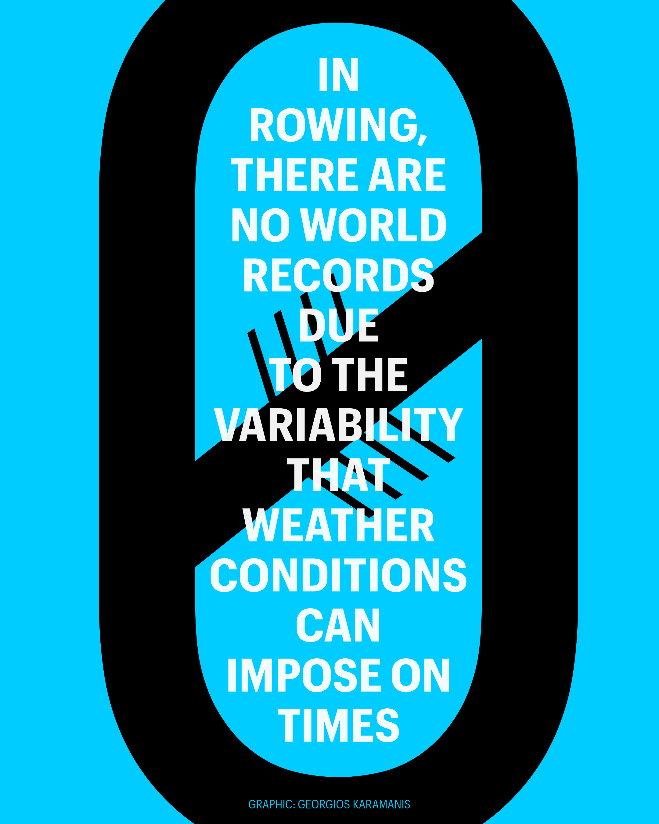 Graphic depicting a large zero, within which the text reads, “In rowing, there are no world records due to the variability that weather conditions can impose on times.” The zero is intersected by a slash with lines like the oars of a rowing boat