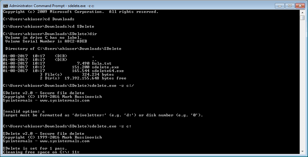 Running sdelete in the virtual box