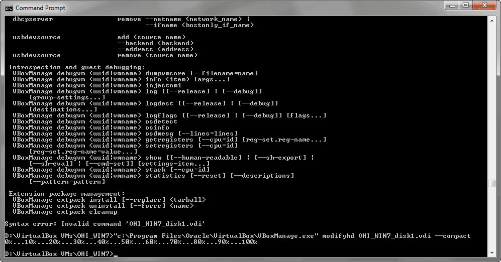 Running VBoxManage to shrink the Virtual Disk Image