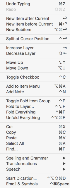 OutlineEdit Keyboard Commands