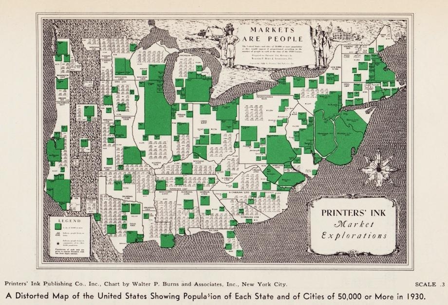 [map] [cartogram] Vintage infographics: Visualizations of American population distribution in 1930.