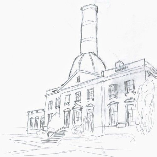 English country house with industrial chimney