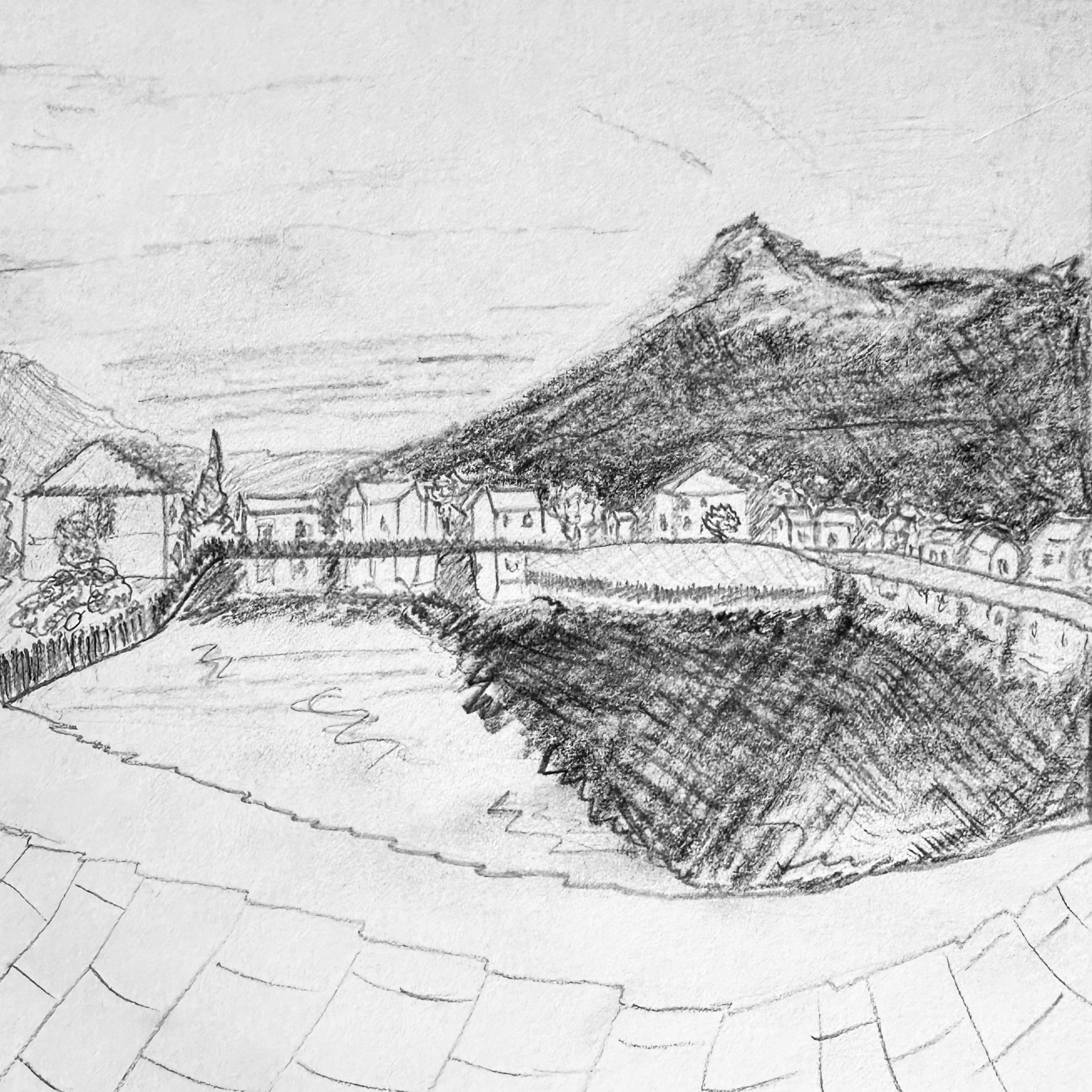 A sketch of the Seydisfjordur village in Iceland showing mountains in the backdrop and home reflected in the water in the foreground