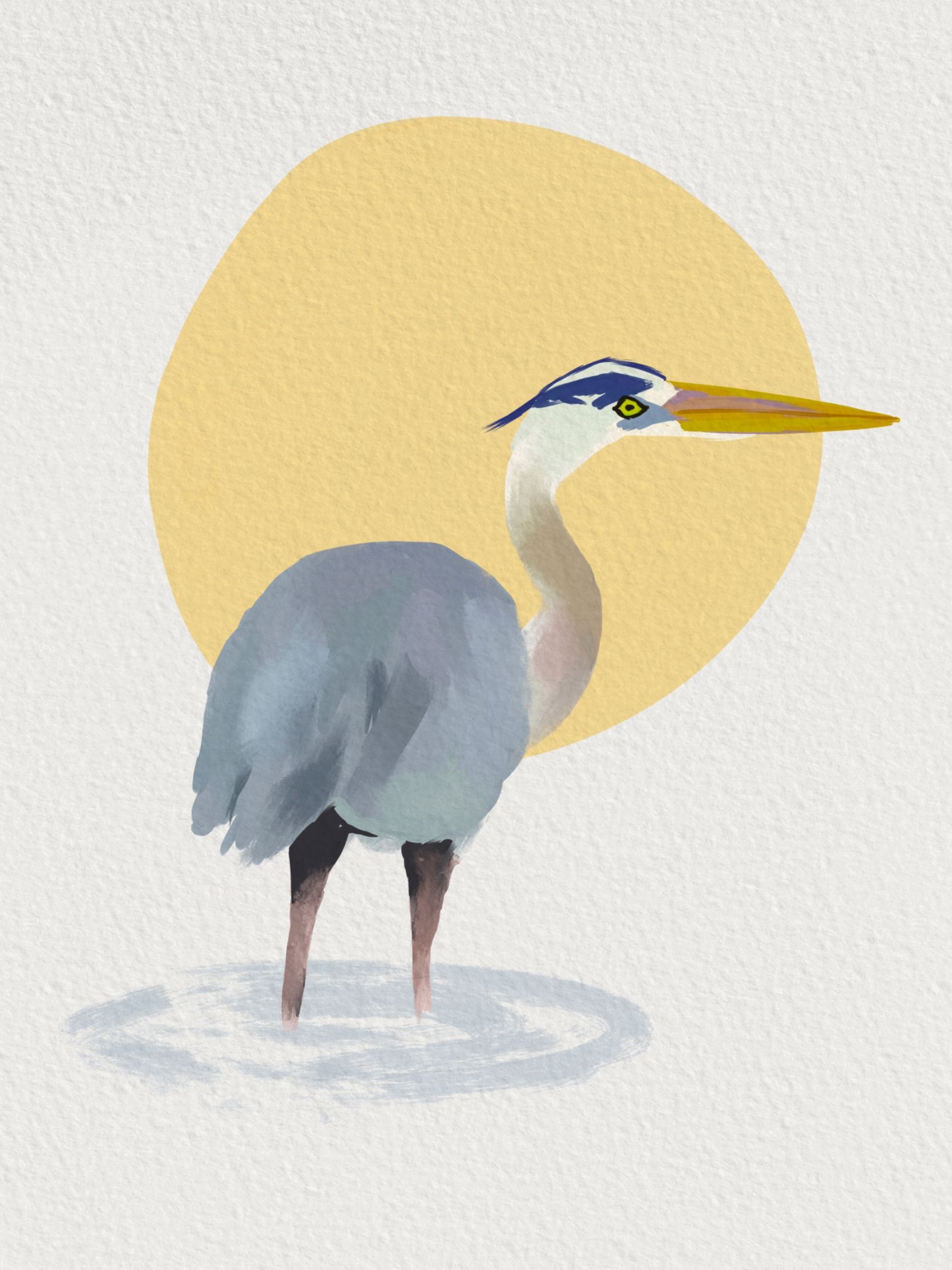 A painting of a great blue heron standing still in the water with sun in the background