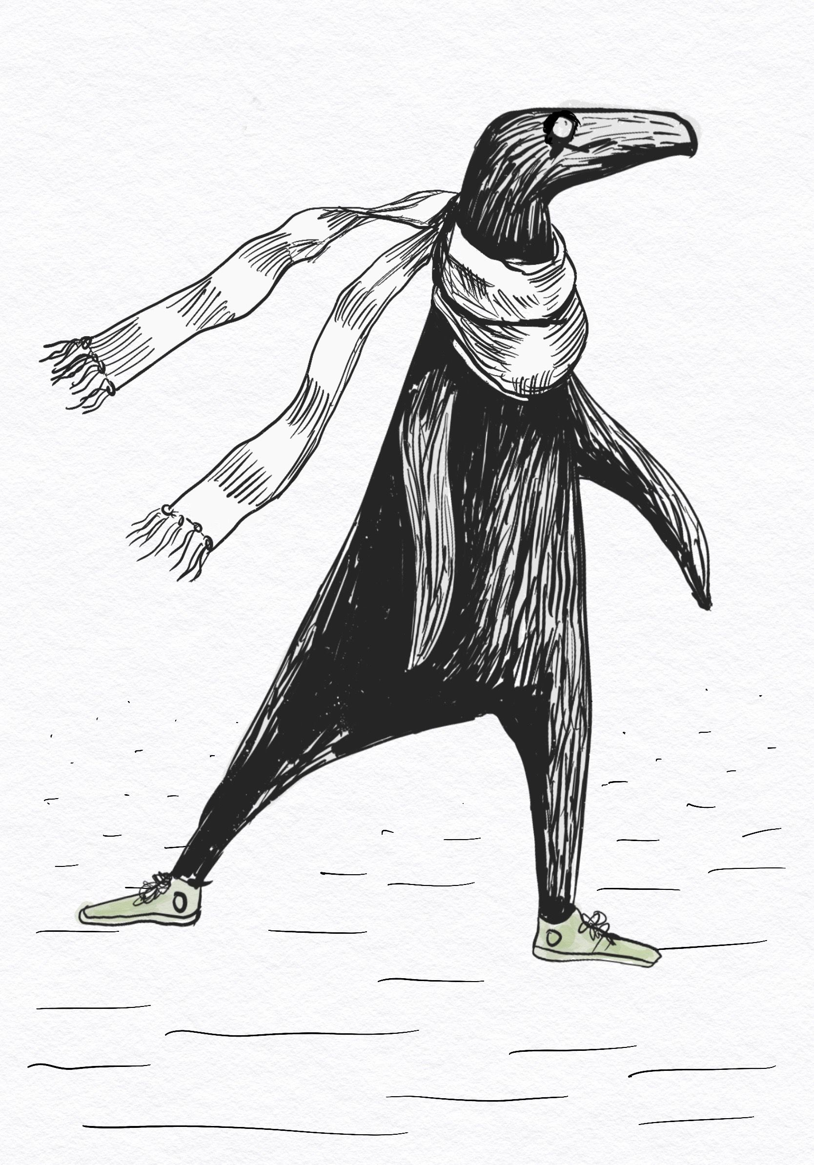 A drawing of a fictional creature with sneakers and muffler looking to the side