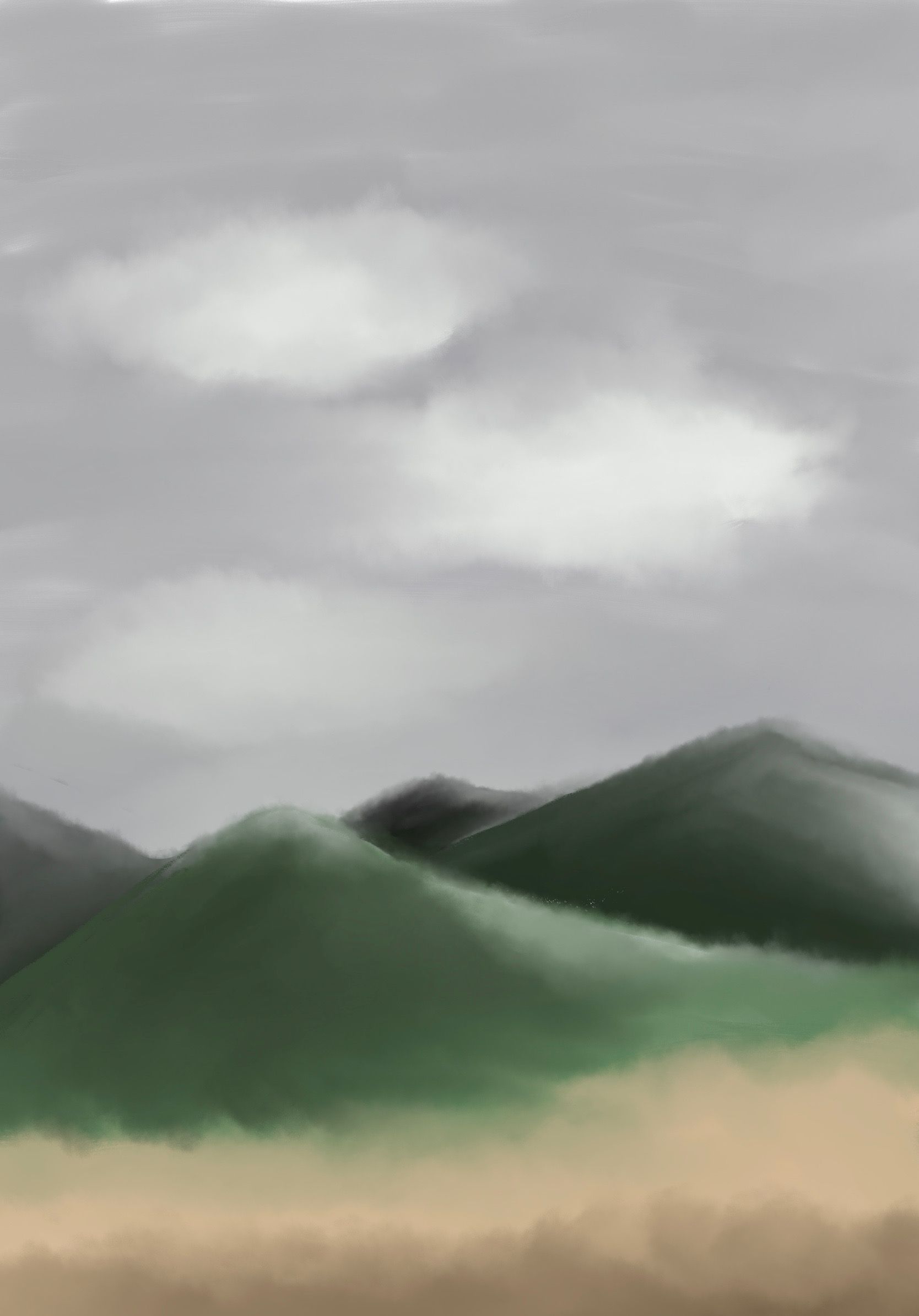 A painting of a green hilly landscape with overcast skies