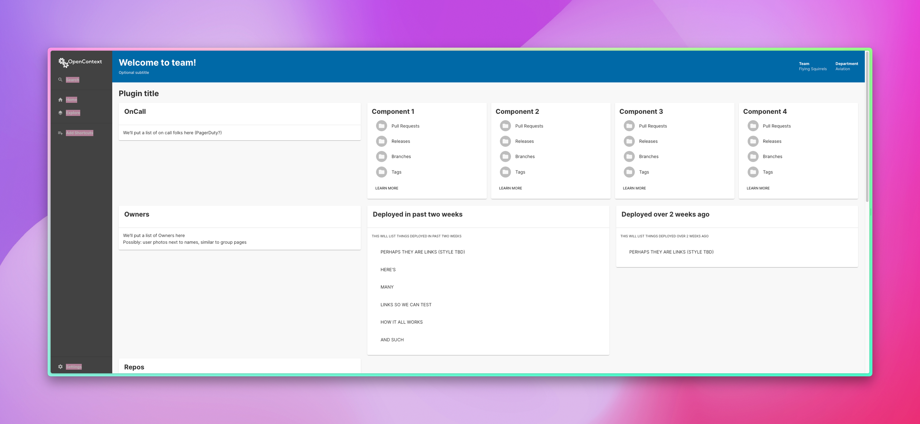 example widescreen component view for team page