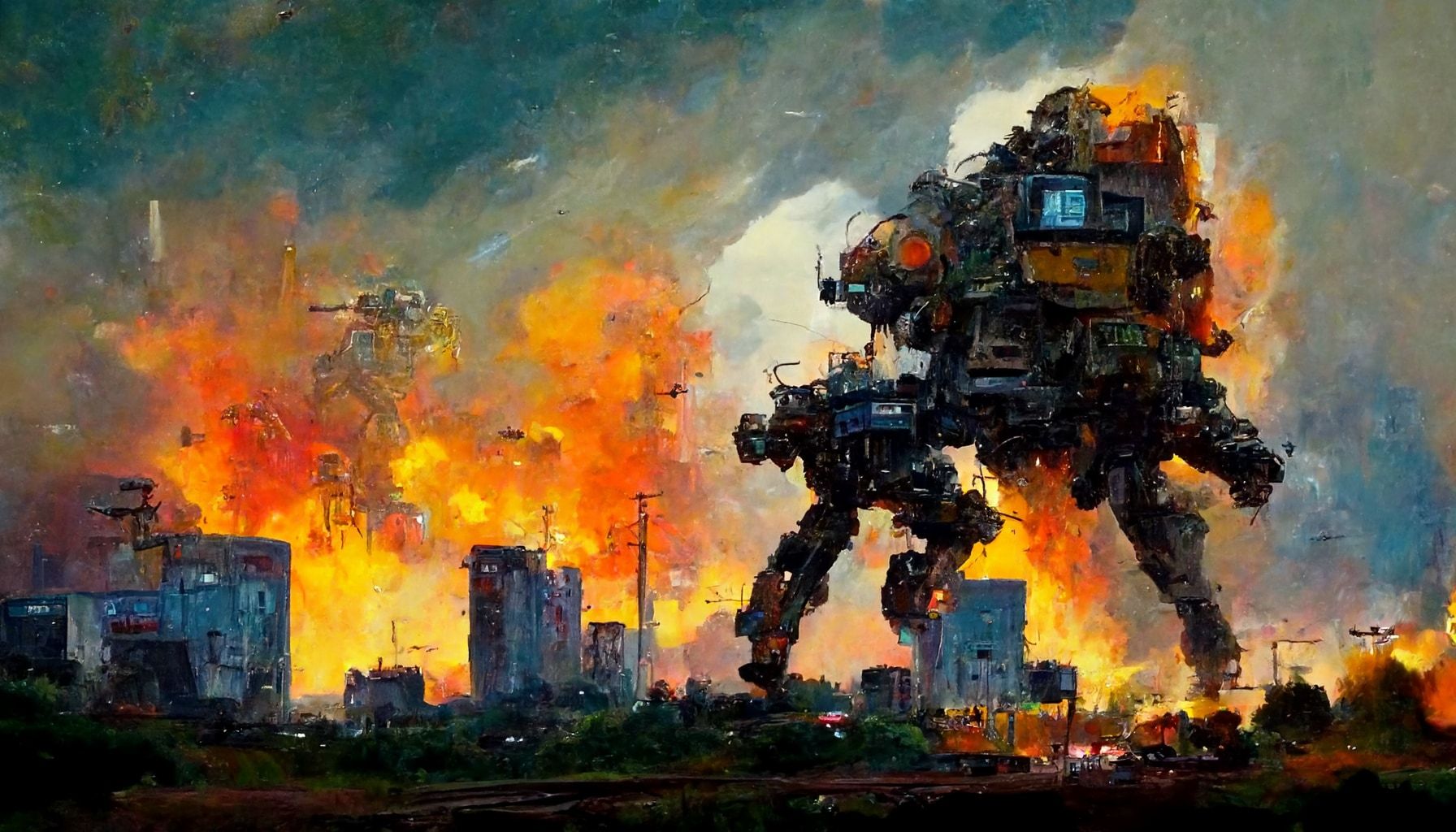 Terribleminds oil on canvas painting of a titanfall mech attack