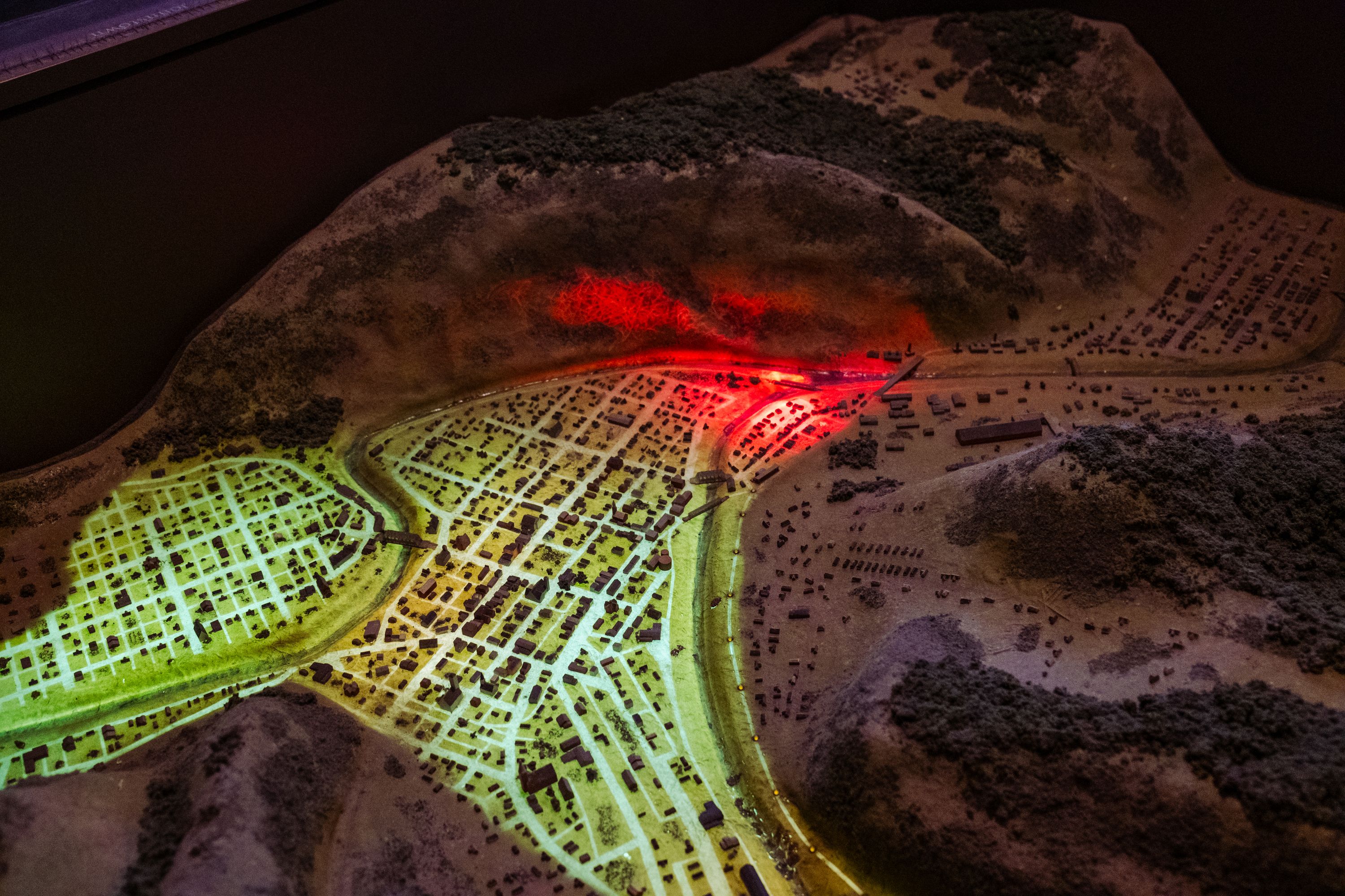 Flood path diorama showing submerged area and fire at the stonebridge