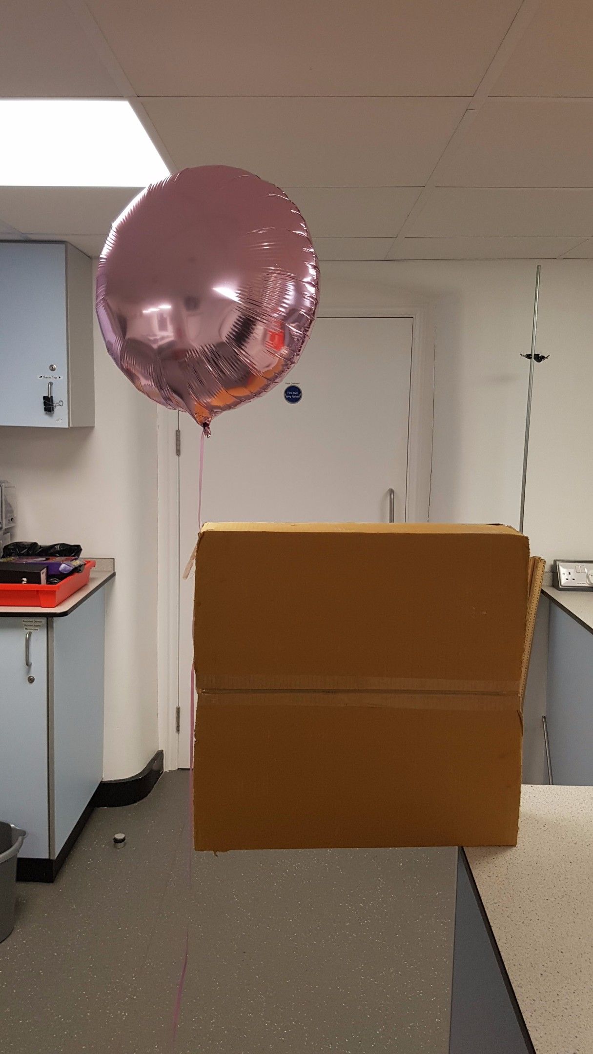 A pink balloon on a box Description automatically generated