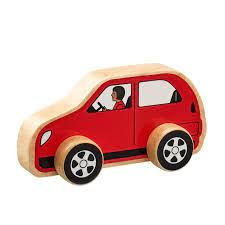 A wooden toy car with a person driving Description automatically generated
