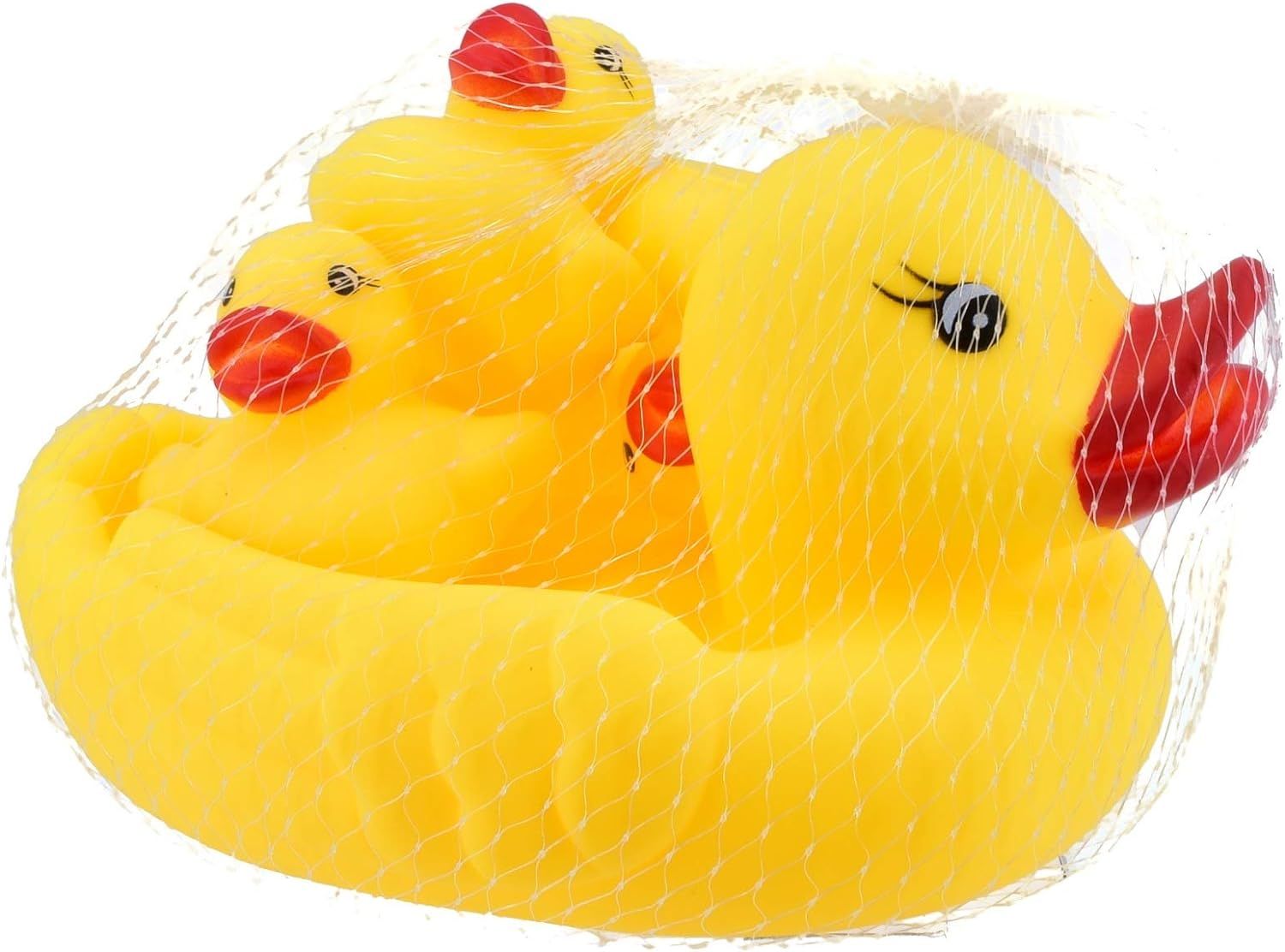 A group of rubber ducks in a net Description automatically generated