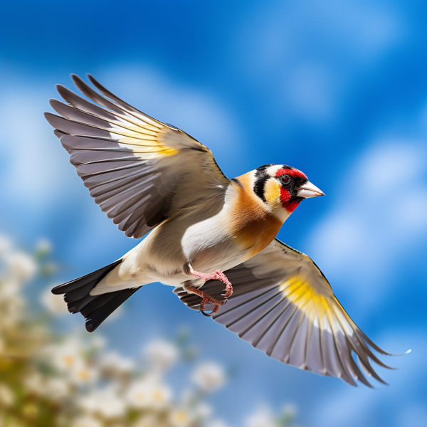 midjourney: european goldfinch in flight against a blue sky