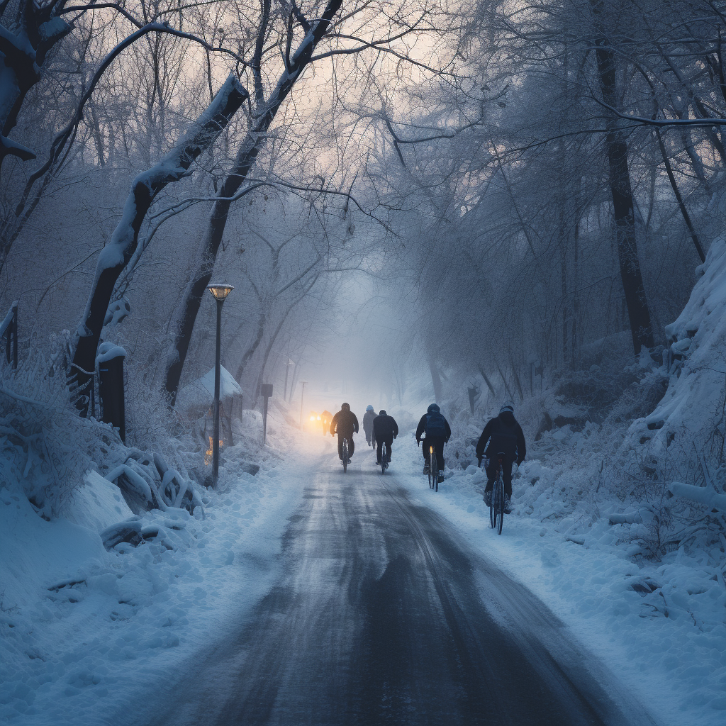 Midjourney prompt: a snowy, icy road where people on bicycles are sliding and falling, dramatic, cinematic, 4K
