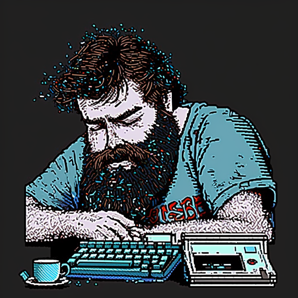 /imagine 1980s sleep deprived typing nerd with beard no glasses