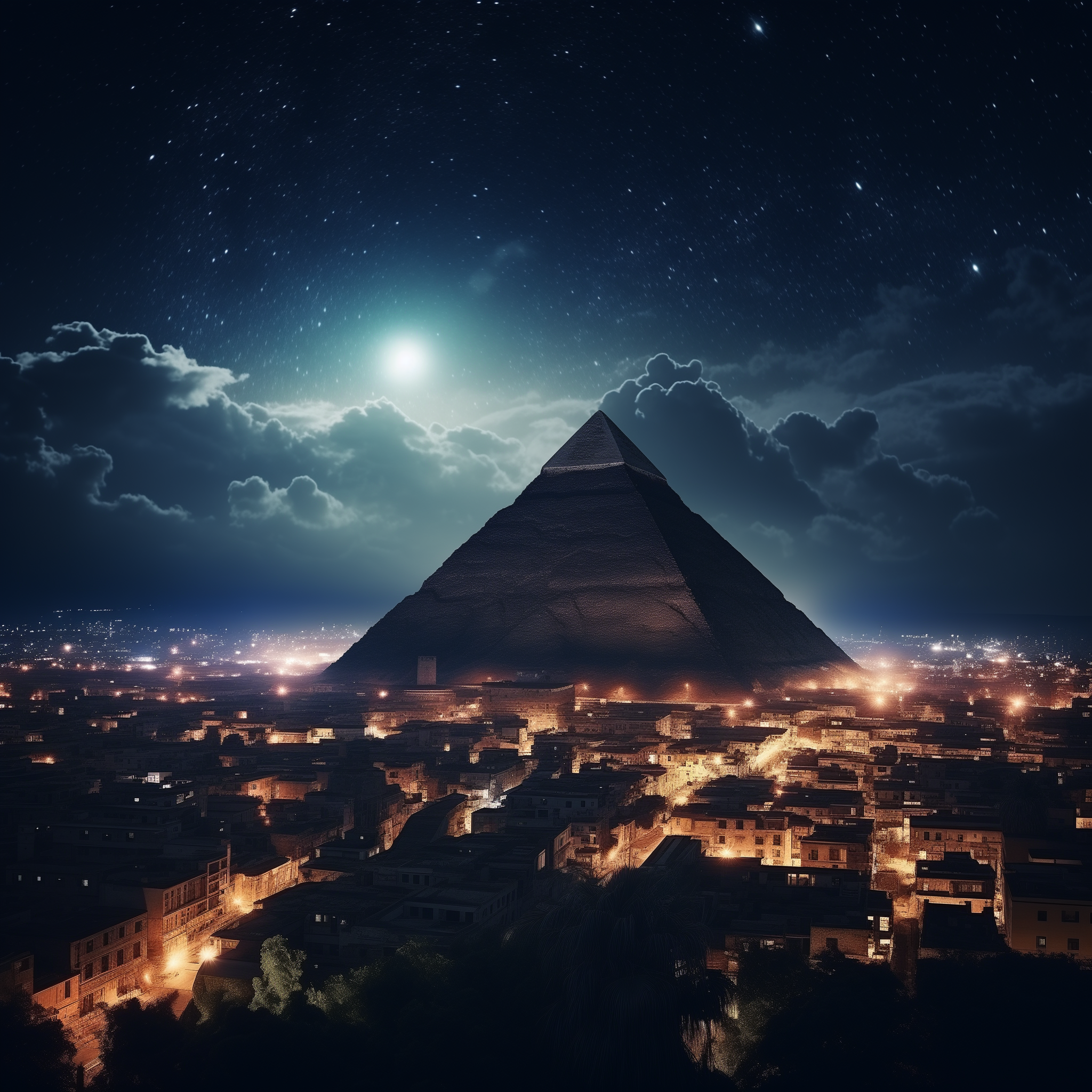 Midjourney prompt: pyramid rising, breaking through the city of Napels in Italy, on a clear full moon night sky filled with stars, dramatic, 4K