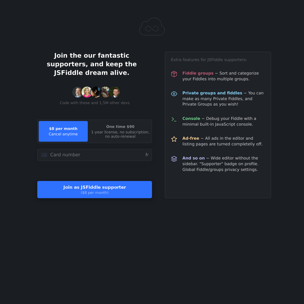 Log in jsfiddle code playground links
