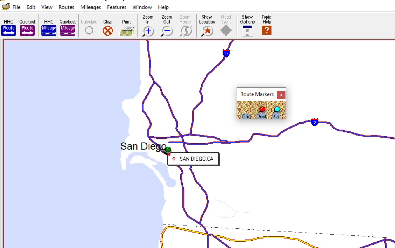 a detail of the map with three colored pins the user can click and drag to locations