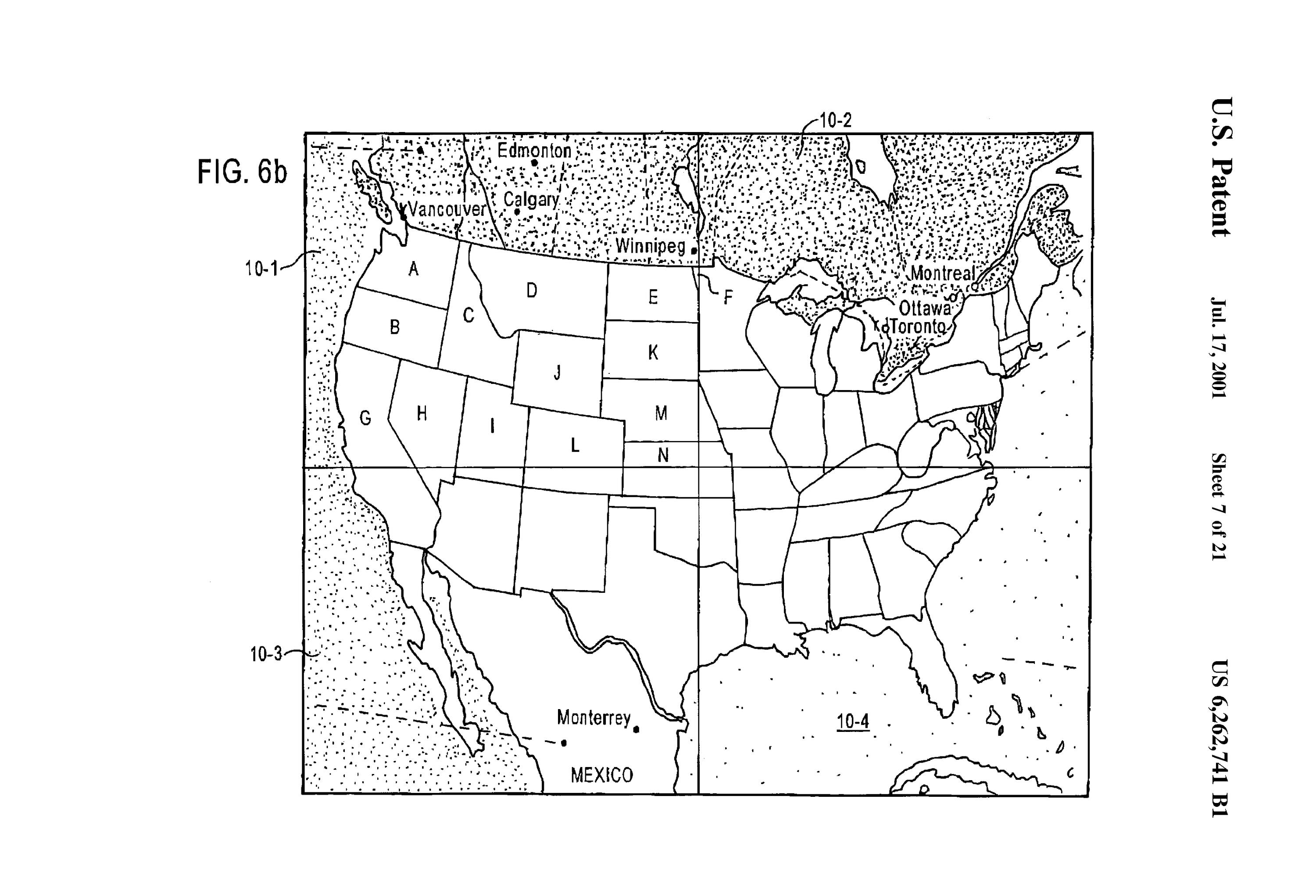 a patent illustration of a map of North America divided into four squares.