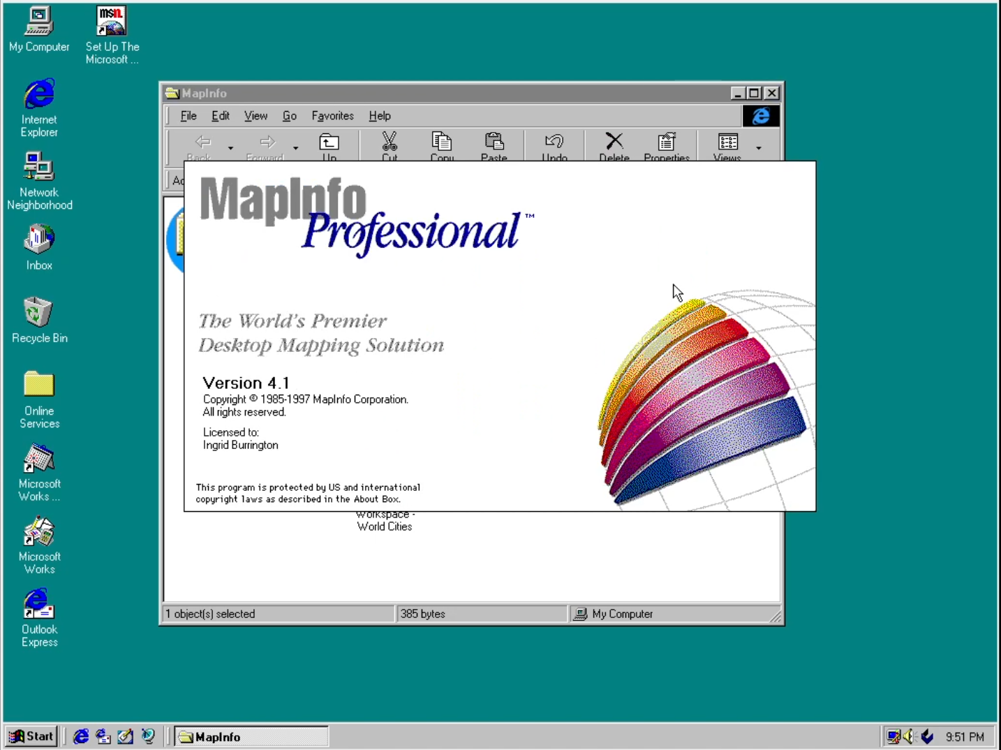 a Windows 95 screen loading MapInfo Pro. We did it!