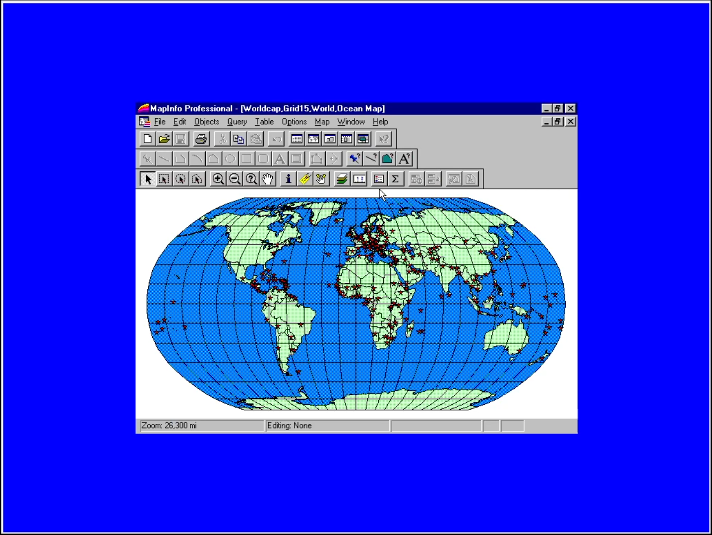 Blue screen with small MapInfo screen in center showing a world map interface and a bunch of toolbars.