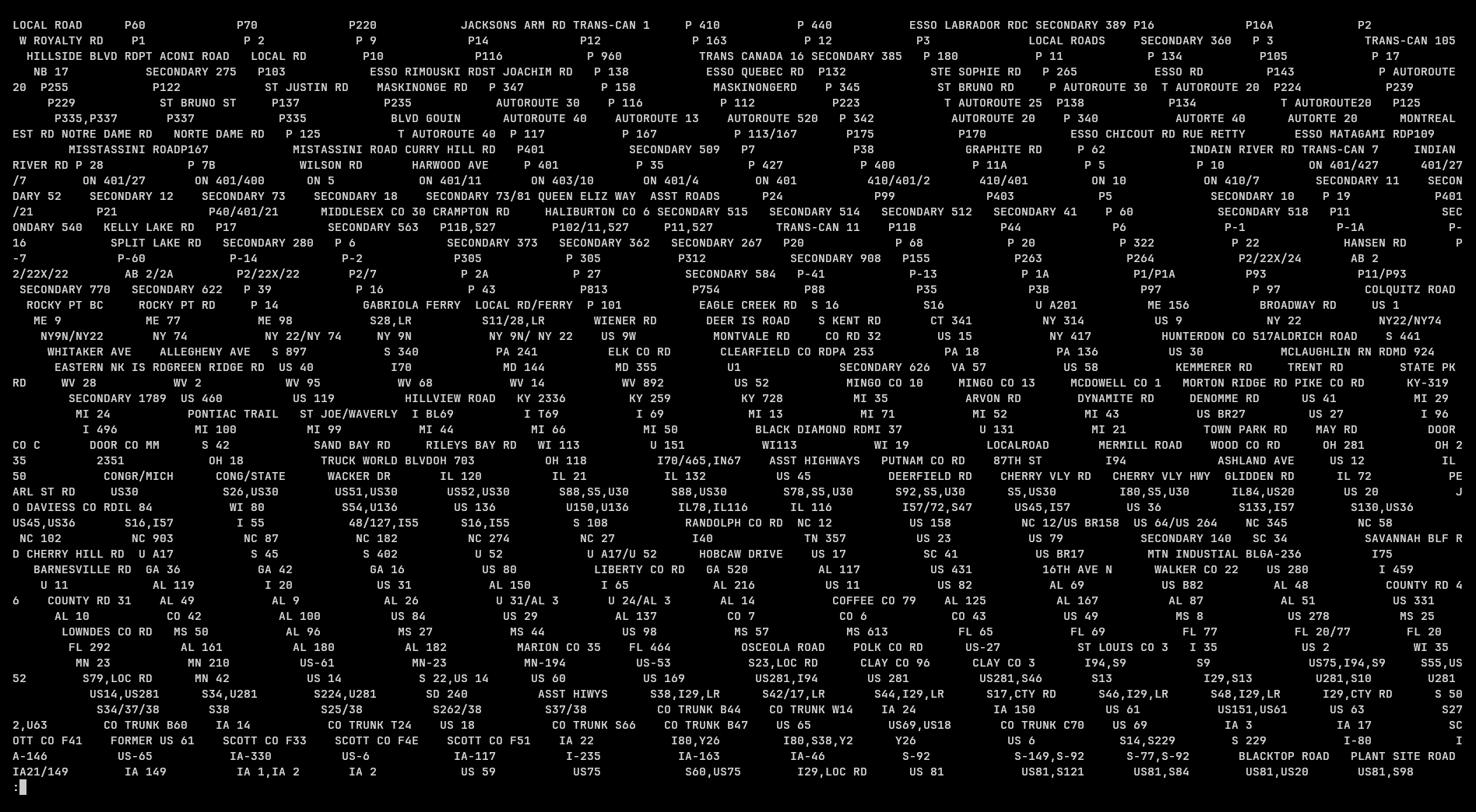 a terminal of plain text that is laid our in diagonal columns?
