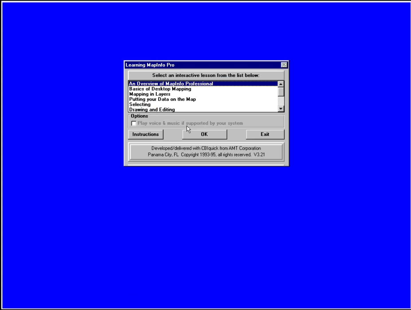 Blue screen with menu in center to select an 'interactive lesson' on MapInfo. There are a lot of lessons!