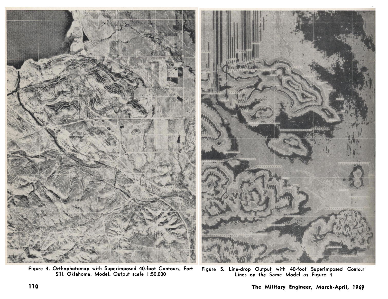 on left, orthophoto of Fort Sill, Oklahoma. On right, UNAMACE topographic output.