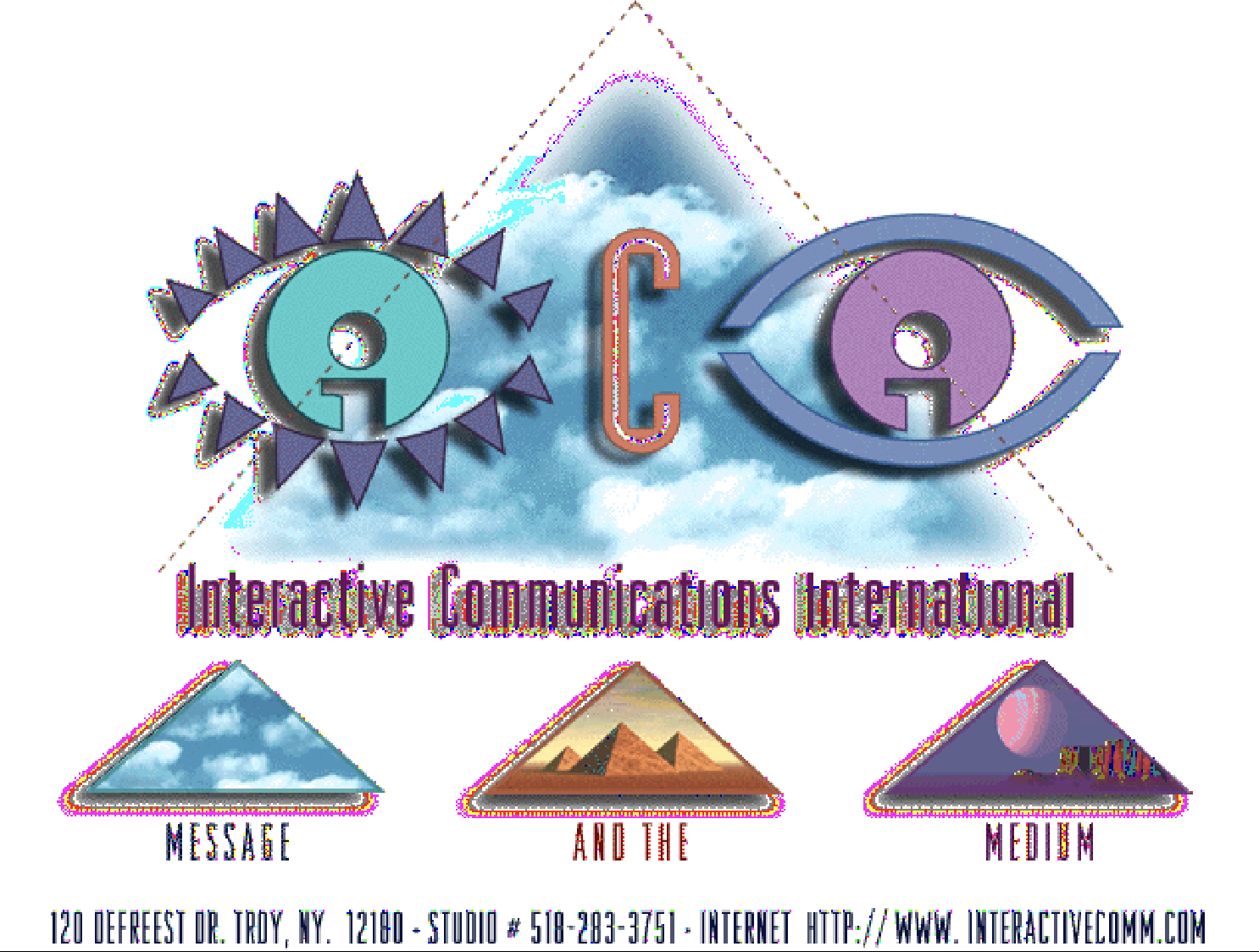 The logo of a company called Interactive Communications International. It's made of two cartoon eyes with lowercase letter i's in the pupils and a c in between. Very 1990s. The color is a little glitched out.