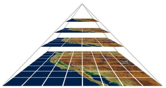 Map tiles in a pyrimad shape, with lower-zoom tiles as the top layer and higher-zoom as lower layers. The tiles depict satellite imagery of the San Francisco Bay Area.
