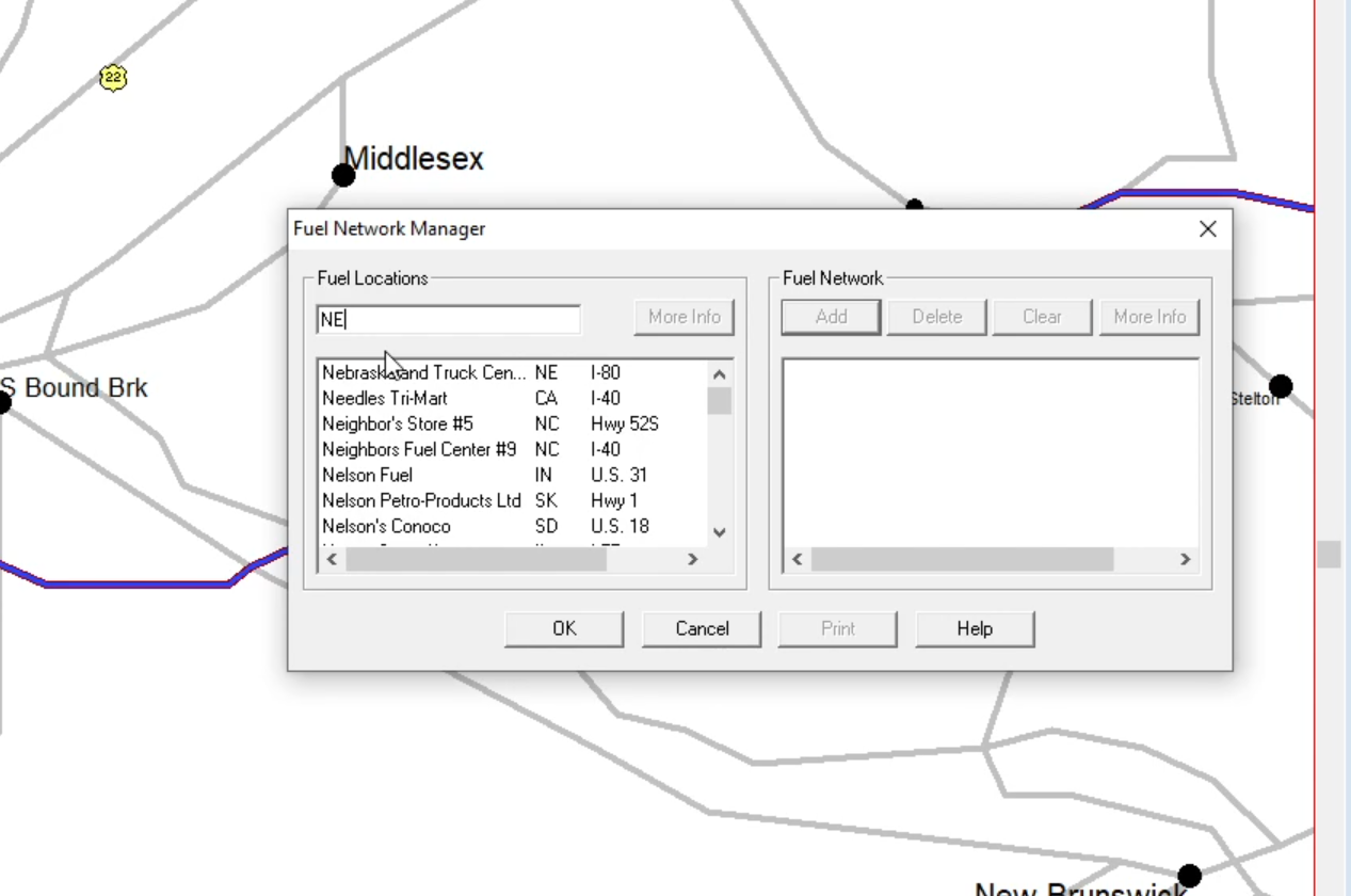 a Fuel Network Manager interface for selecting and getting info about various truck stops