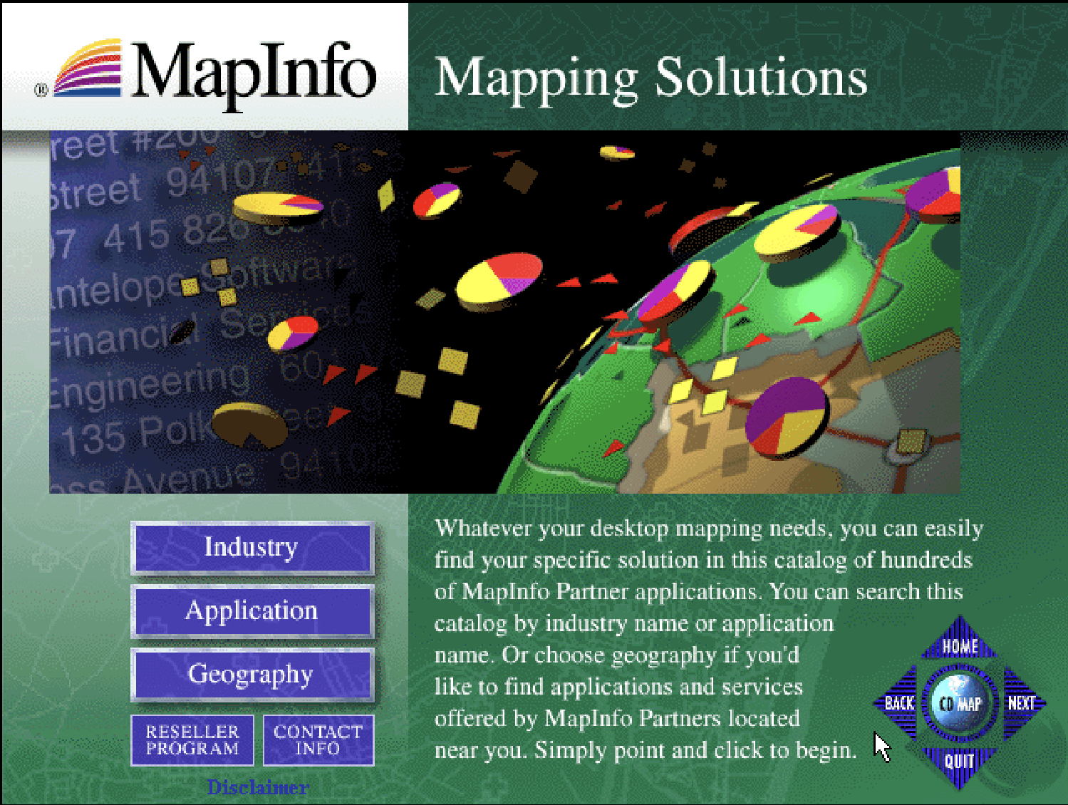 A screen with the header 'Mapping Solutions' and the MapInfo logo in the corner. There's also a graphic of a globe with like, pie charts floating away from it? Also a very old-school compass-shaped navigation interface in the bottom right corner.