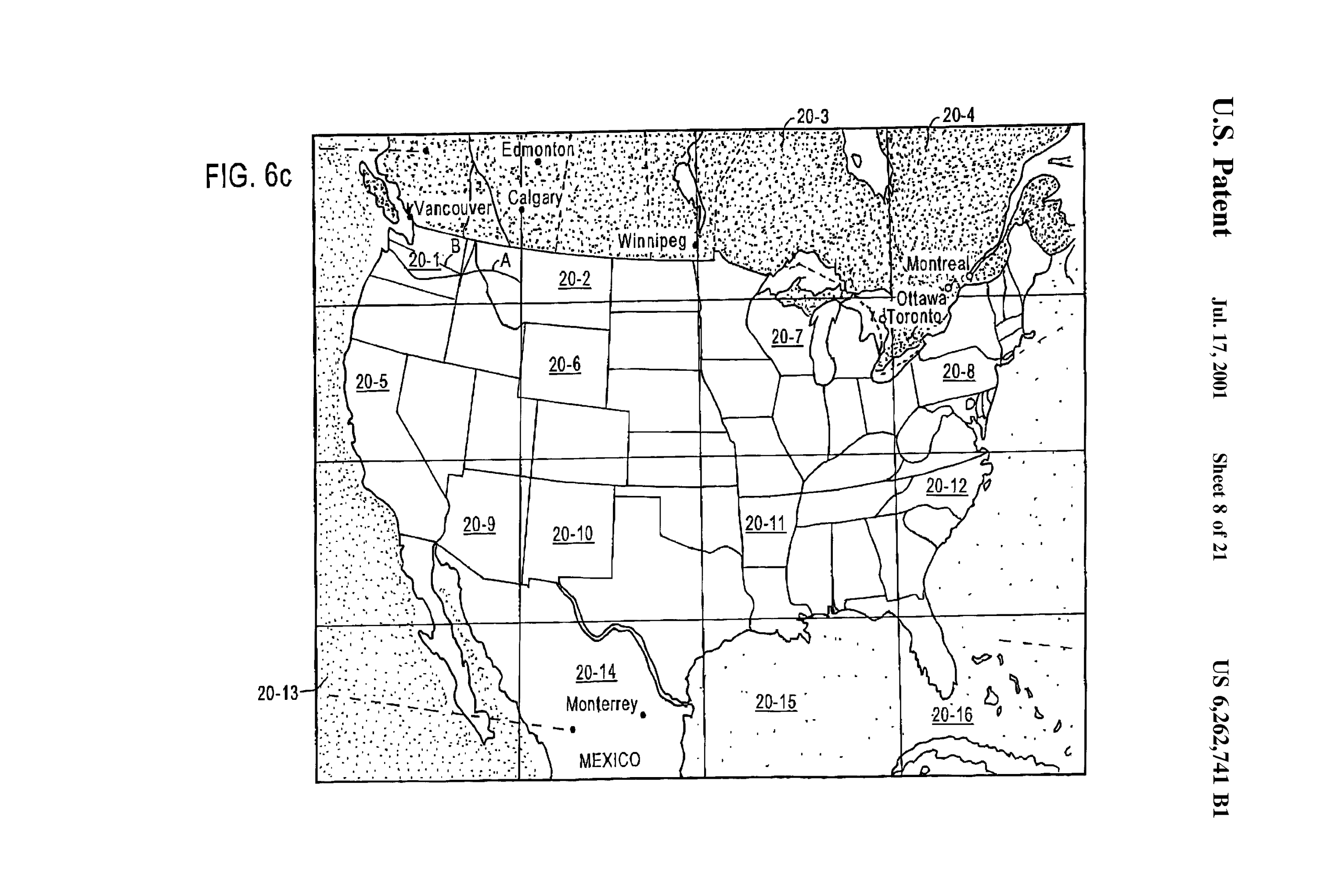 a patent illustration of a map of North America divided into fsixteen squares.