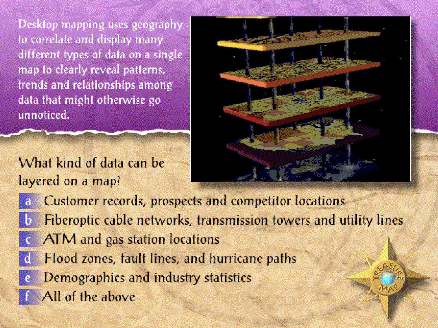 A screen explaining what desktop mapping can be used for that then has a 'what kind of data can be layered on a map?' question where you're supposed to pick the answer. The video from the other MapInfo post is used here!