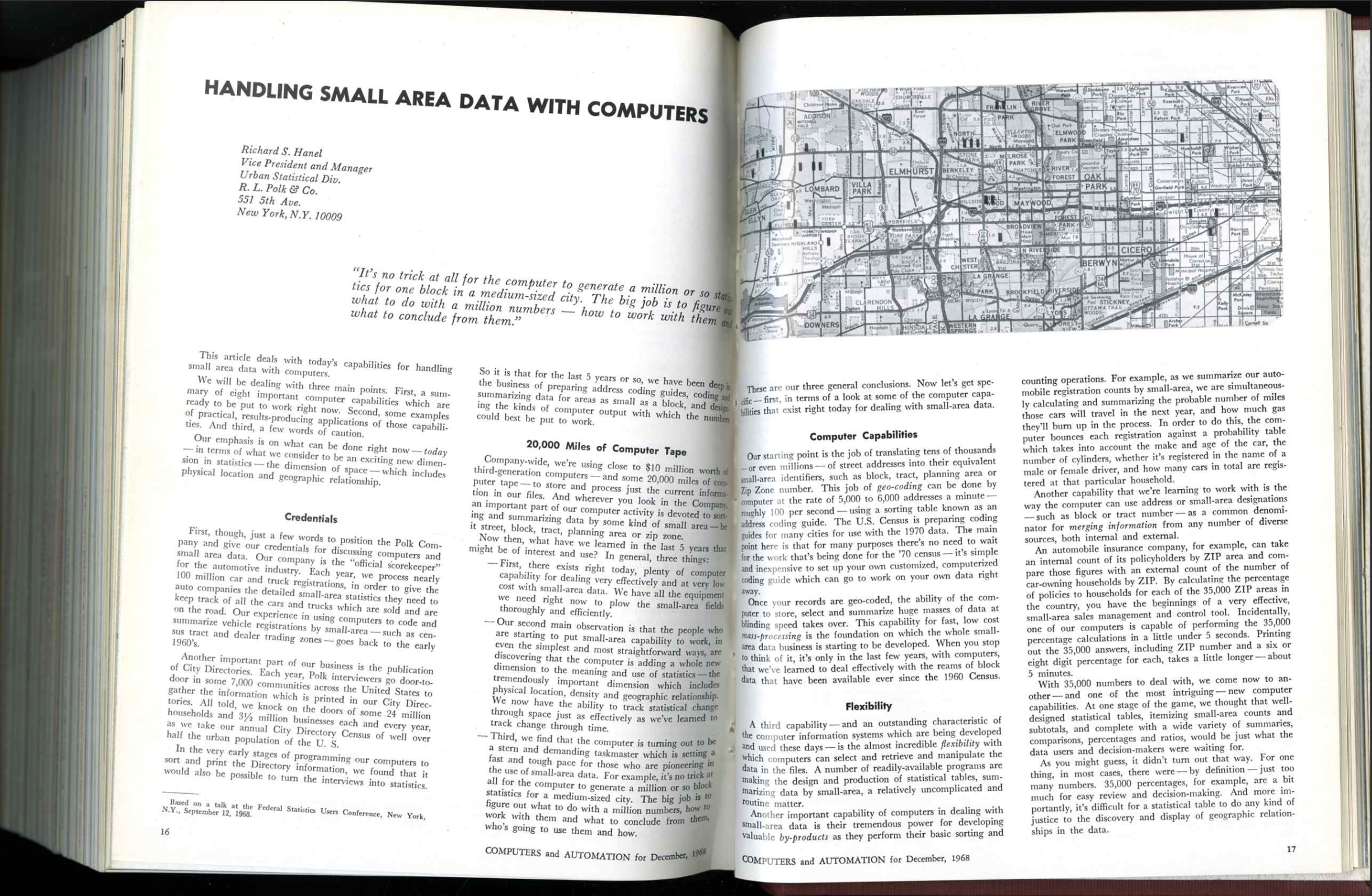 scan of an article about 'Handling Small Area Data With Computers' by Richard S. Hanel of R.L. Polk & Co., December 1968